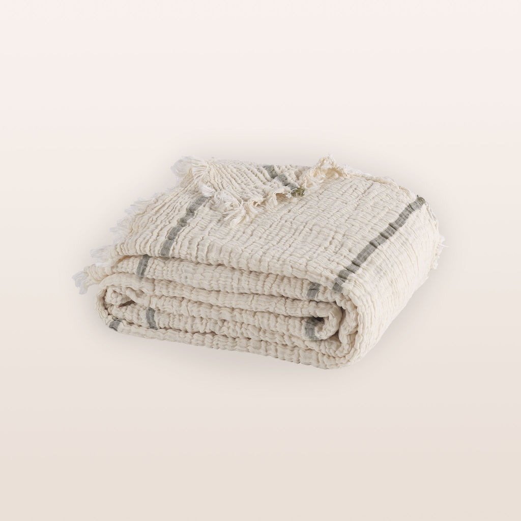 Olive Striped Cotton Muslin Throw & Bedspread